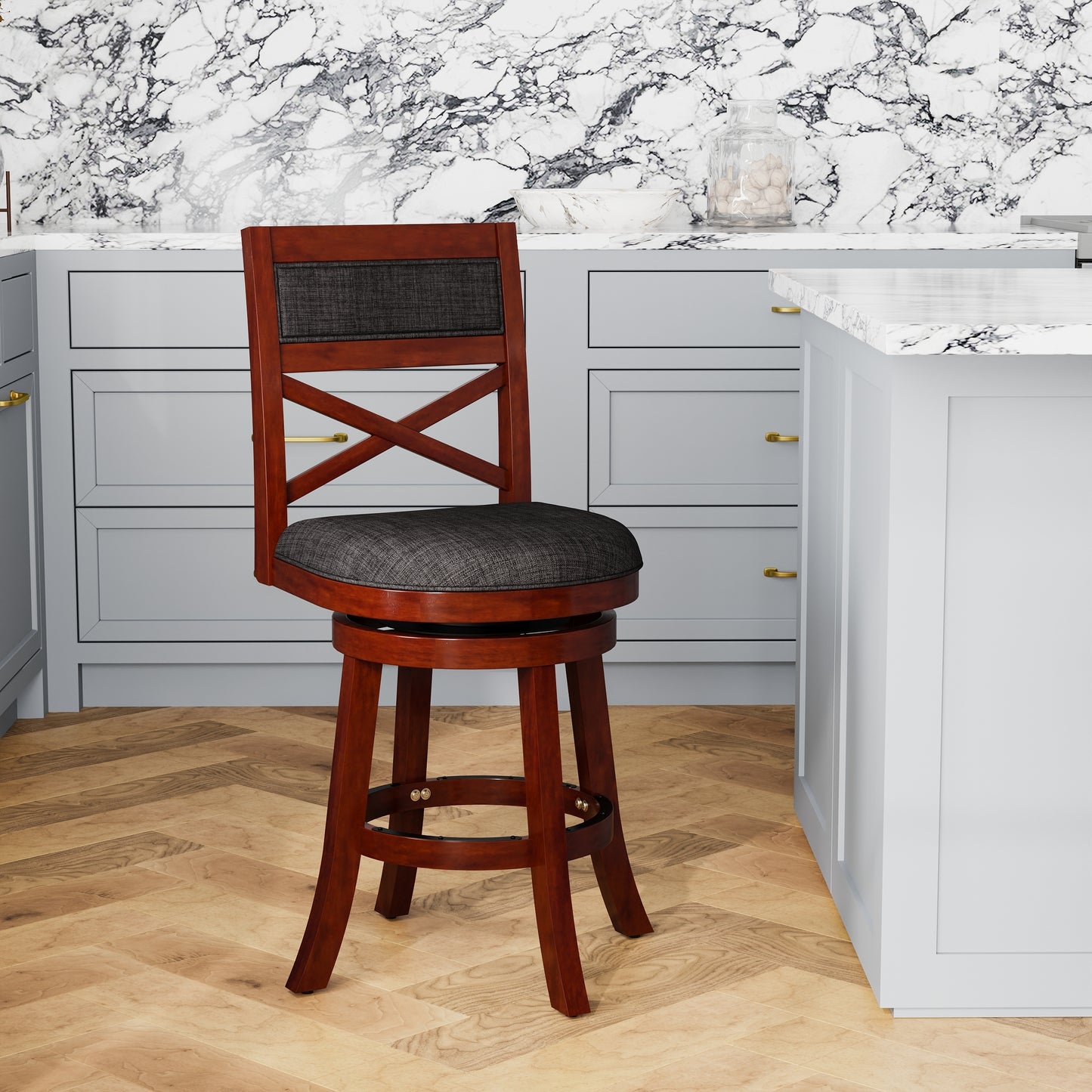 24" Counter Height X-Back Swivel Stool, Cherry Finish, Charcoal Fabric Seat