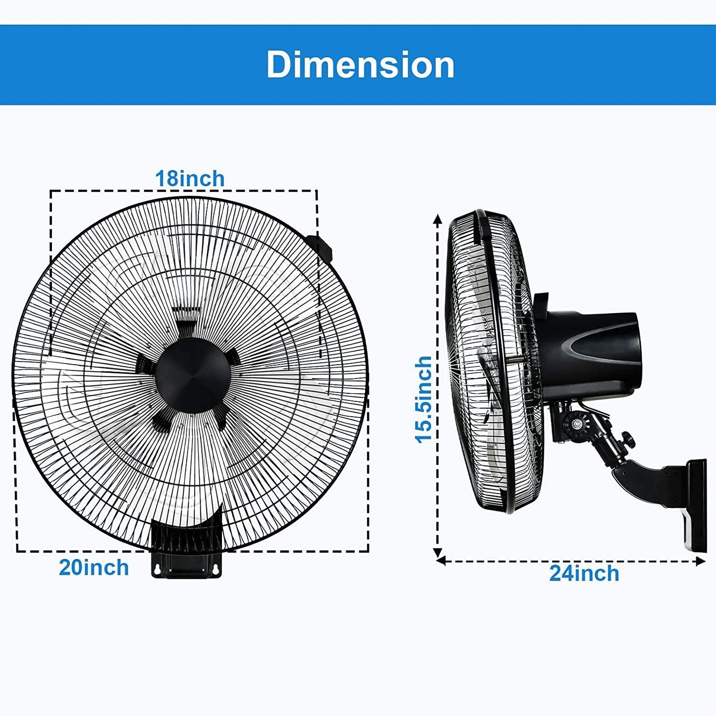 2Pack HealSmart 18 Inch Household Commercial Wall Mount Fan, 90 Degree Horizontal Oscillation, 5 Speed Settings, Black