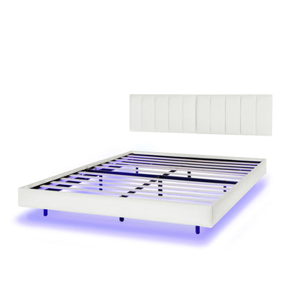 Queen Floating Bed Frame with LED Lights and Wall Mounted Headboard Modern Low Profile Led Platform Bed Frame Queen Size Faux Leather Upholstered Platform Bed Frame,No Box Spring Needed,White