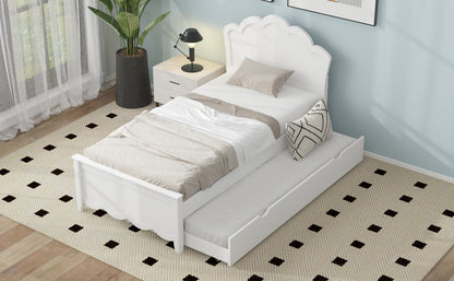 Twin Size Wood Platform Bed with Headboard and Twin Size Trundle, White