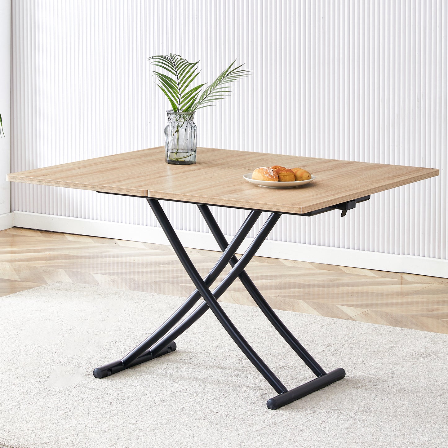 Modern minimalist multifunctional lift table with 0.8-inch MFC tabletop and black metal legs, can be used as dressing table, coffee table, dining table, and office desk.  LT-10055