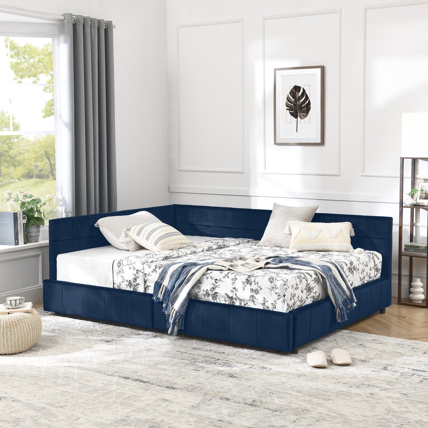 Full Size Storage Upholstered Tufted Bed Frame, Sofa Bed Frame with Comfortable Backrest and Armrests, Full Size Bed for Bedroom, Living Room,Velvet, DARK BLUE(80.5''*59''*29.5'')