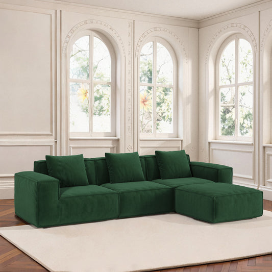 118-inch modular sofa can be converted into an oversized sofa bed Free conversion sofa set flexible configuration, soft corduroy cloud velvet fabric Three-person combination with footrest -green