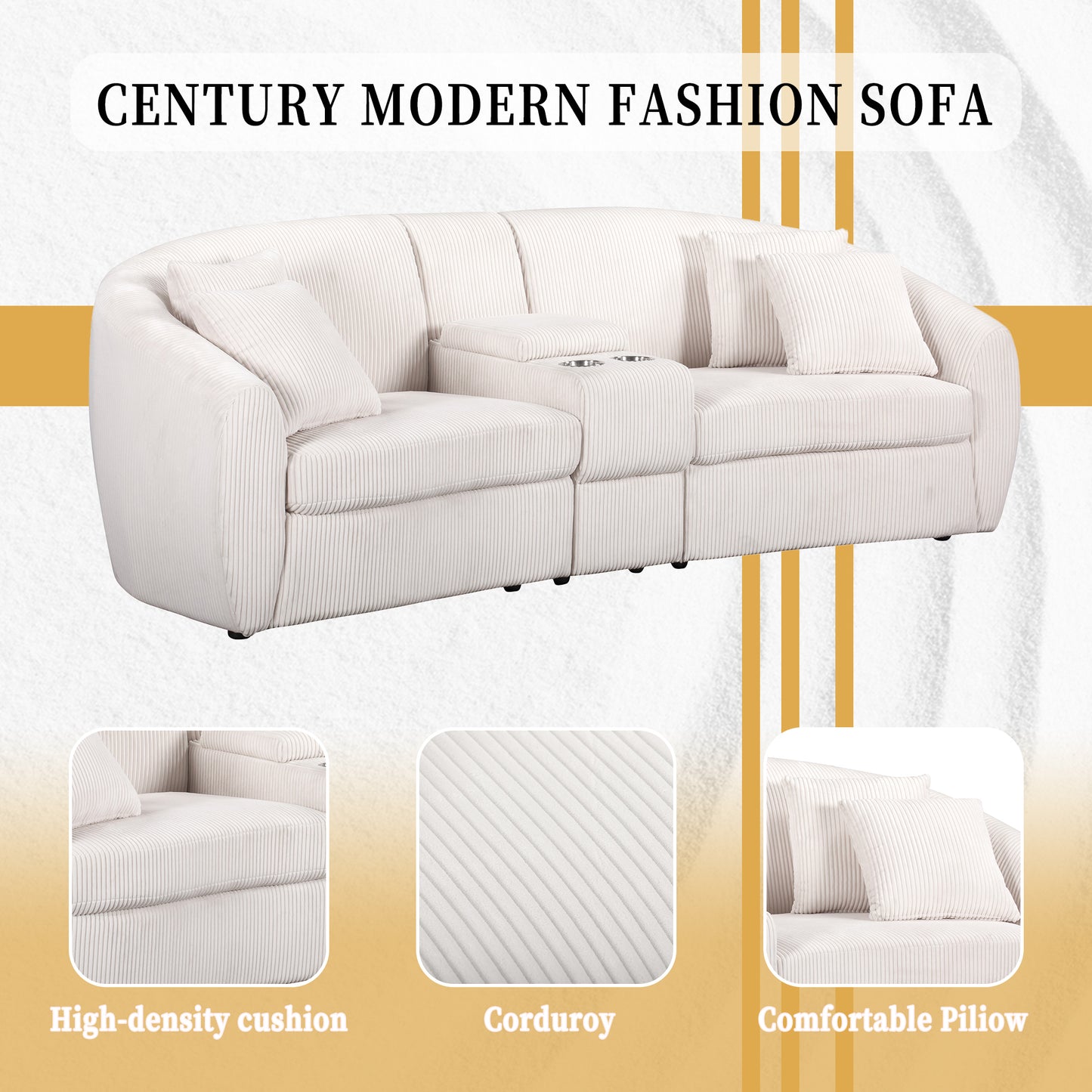 UNITED WE WIN corduroy fabric, two cup holders, storage, oversized two-seat, solid wood frame, high quality sponge filling, curved placement sofa