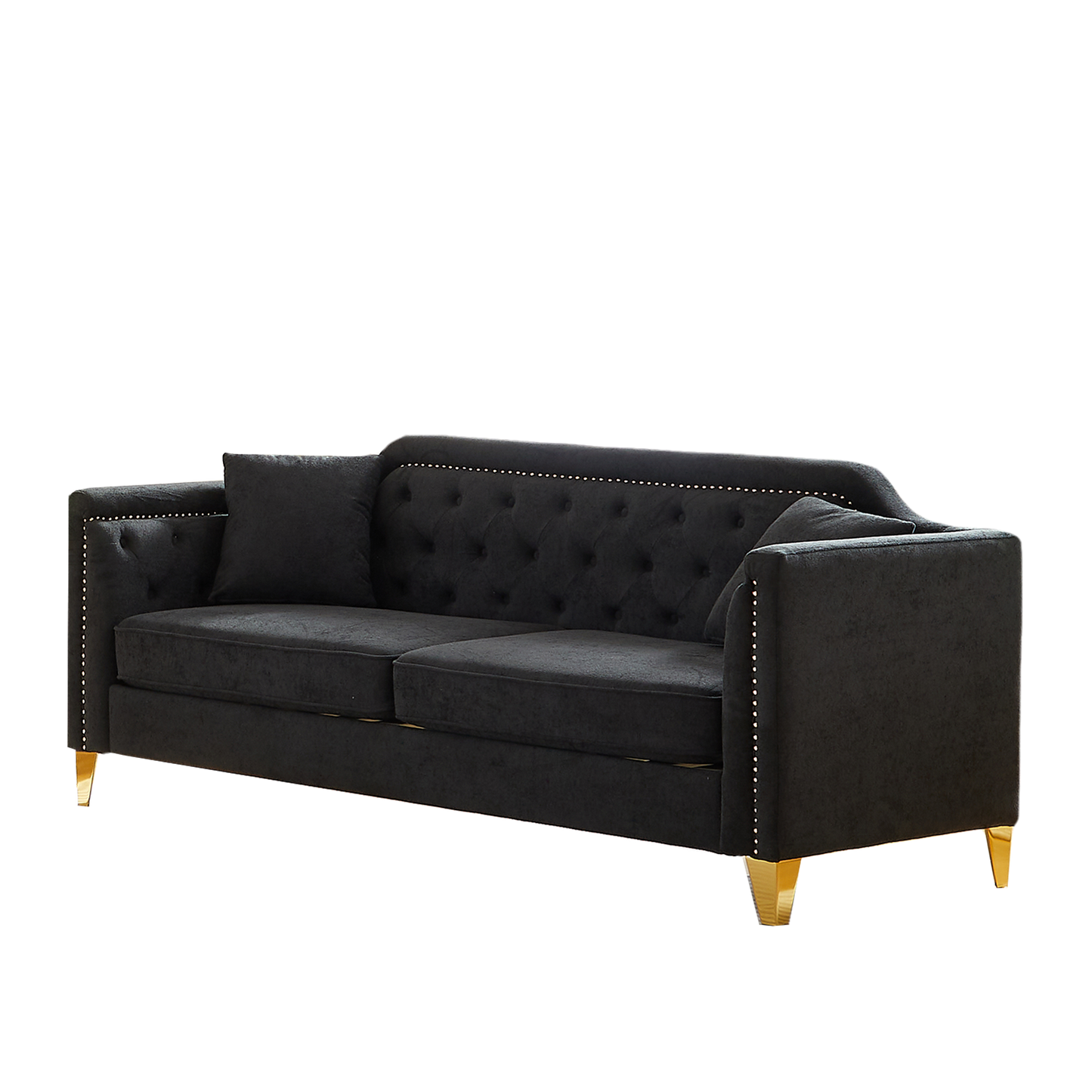 FX81"Mid-century design modern sofa,Chenille Pull Buckle Design Sofa for Living Room,Buttons Tufted With Copper Nail Decoration Armrest, with 2 Pillows,Modern Couch Upholstered Button And Metal Legs