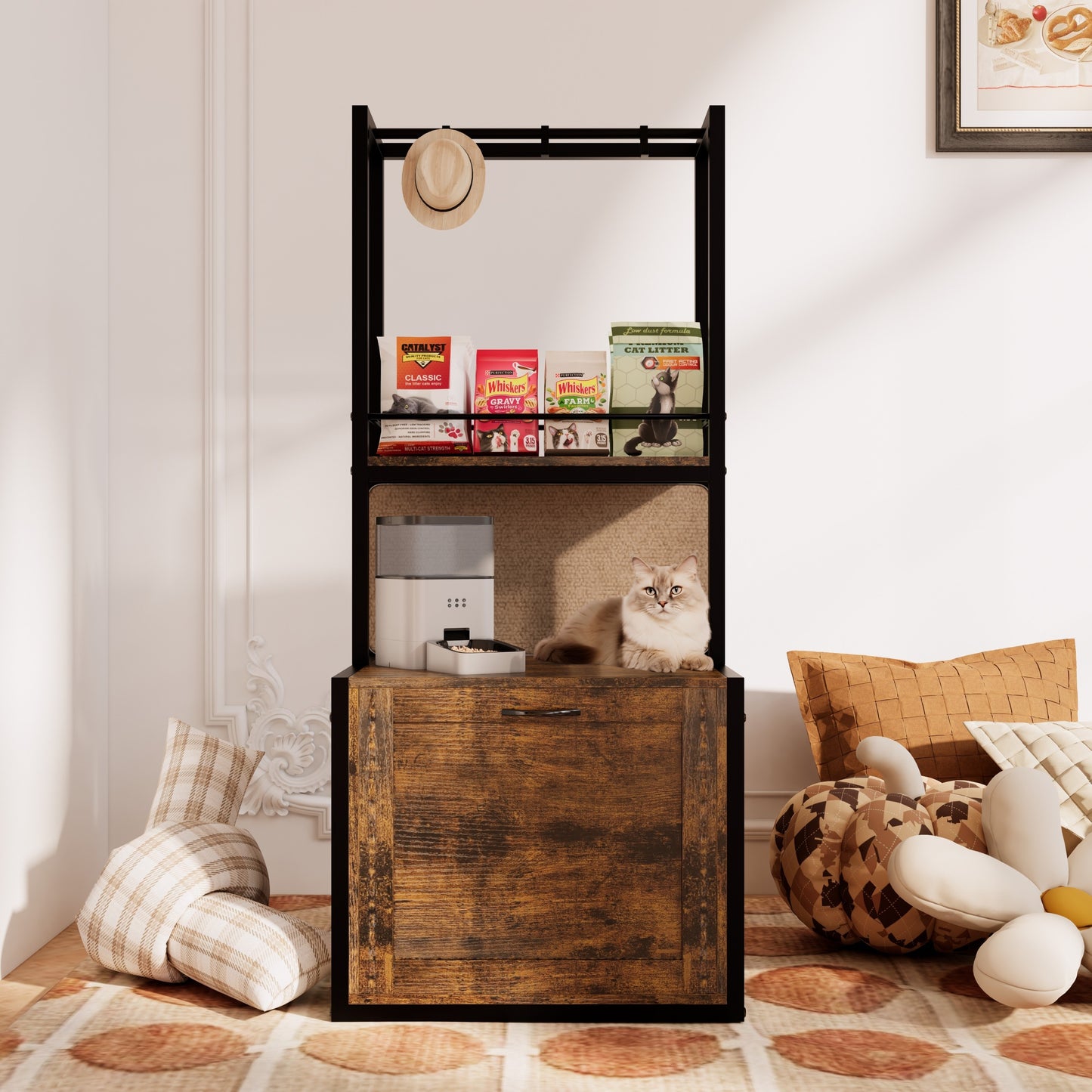 55"Refined Litter Box Enclosure with Storage Shelves and 2 Hanging Clothes Rack, 4-in-1 Hidden Cat Litter Box Enclosure Furniture with Shelf, Reversible Entrance,Rustic Brown