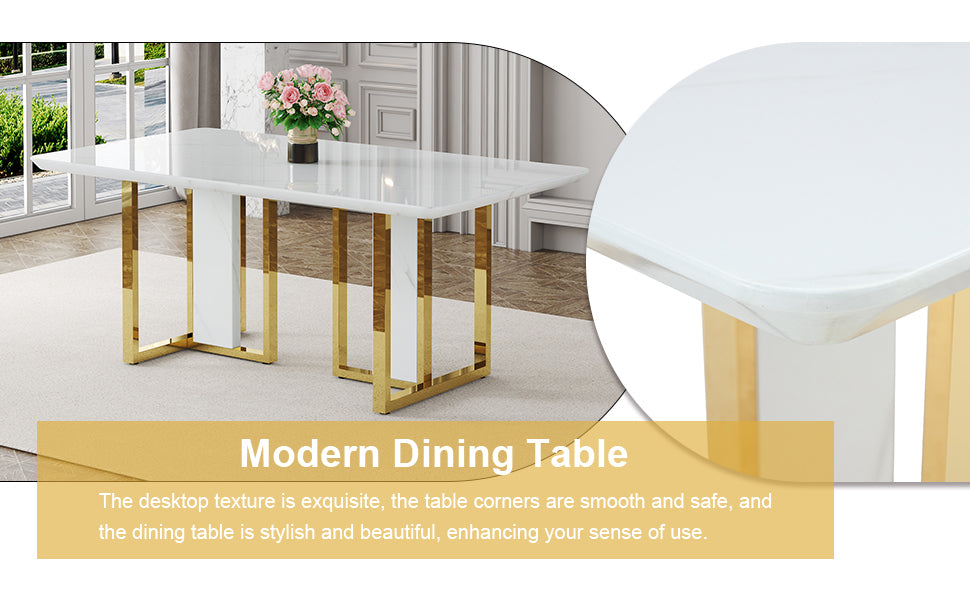 Table and chair set.67"x36" White marble pattern MDF Dining Table Set with 8 Dark Gray PU Chairs.MDF sticker,White marble pattern sticker,Gold C-tube chair legs,Suitable for kitchen,Dining room,etc.