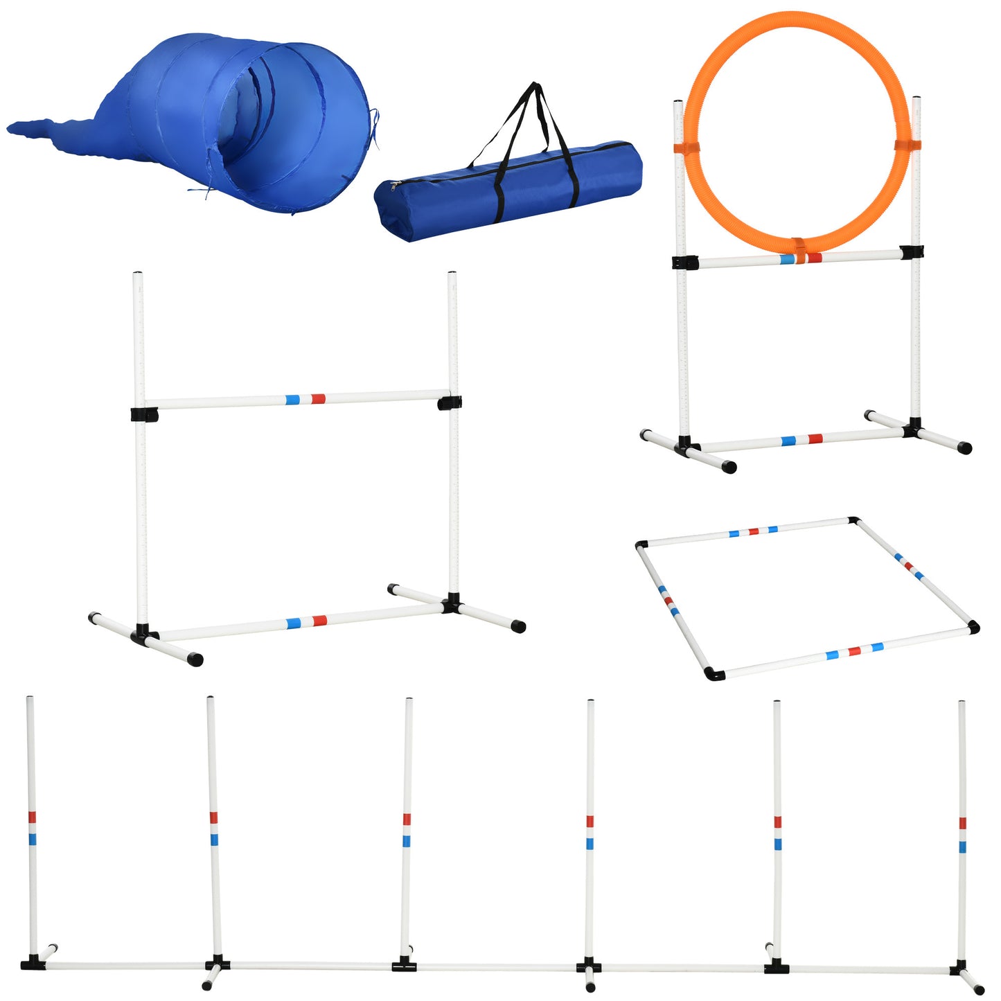 PawHut Dog Agility Equipments, 5 Pieces Obstacle Courses Training Starter Kit, Pet Outdoor Games of Tunnel, Dog Jump, Hoop, Weave Poles, Pause Box and Easy Carry Case