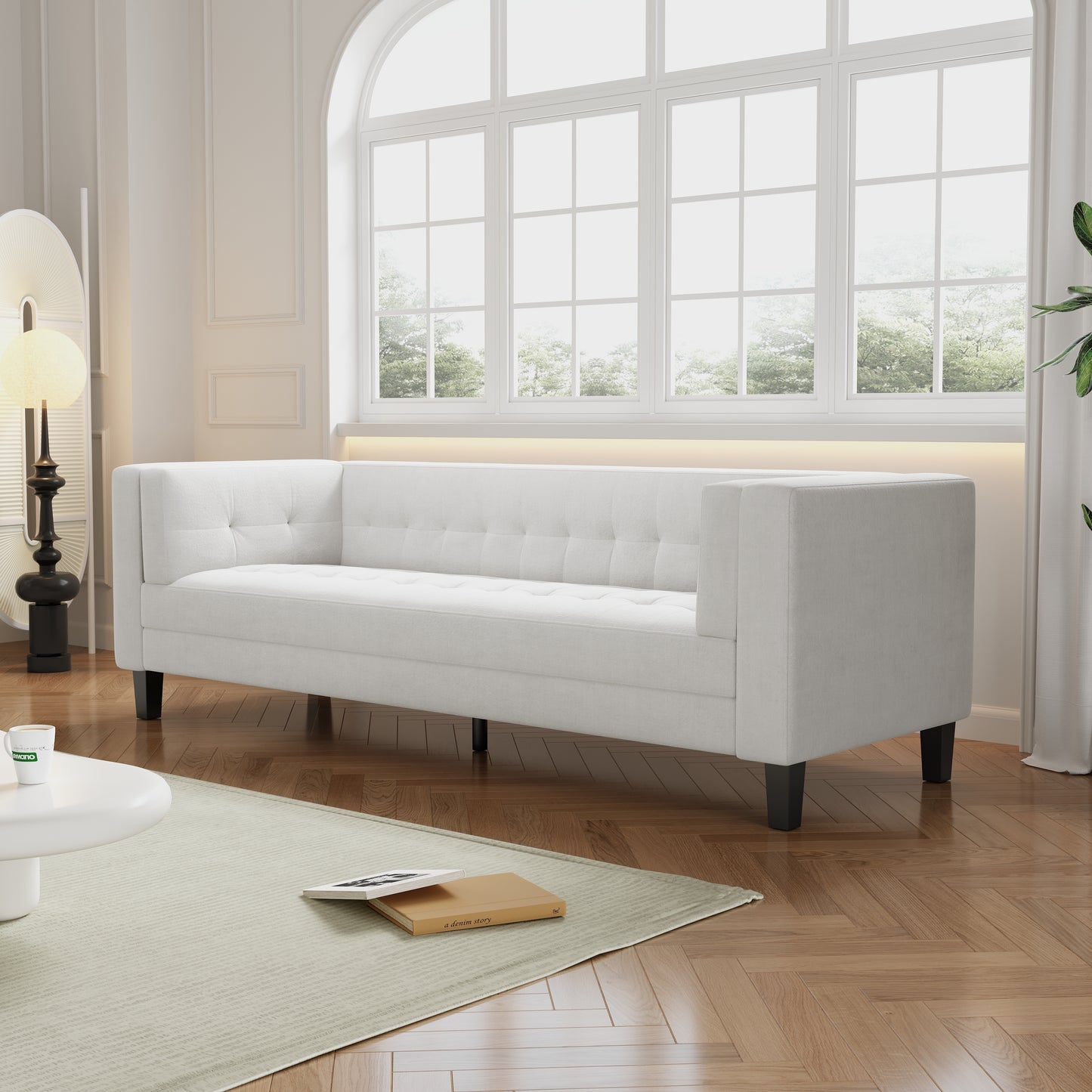 3-Seater Sofa, Upholstered Tufted Coach, Velvet Sofa, Ivory White