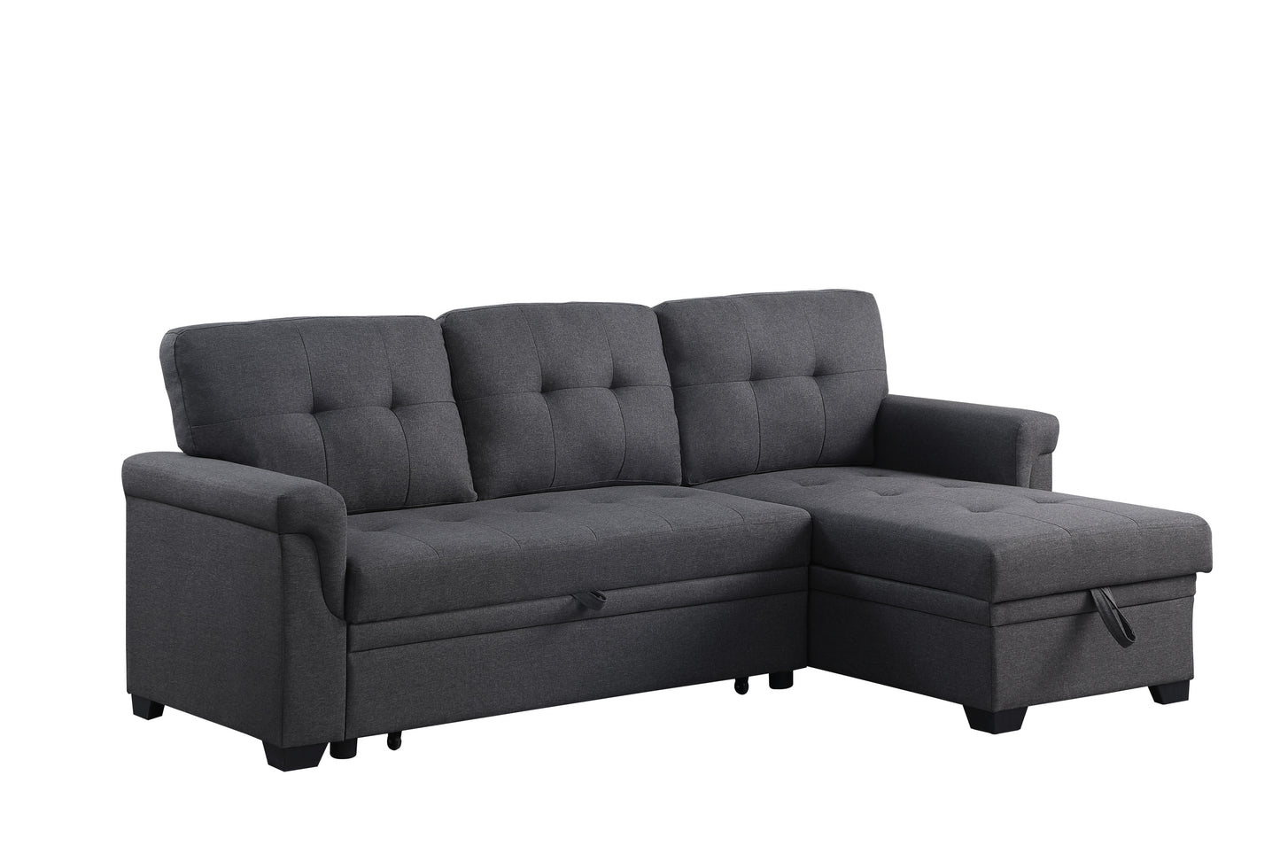 Lucca 84" Dark Gray Linen Reversible Sleeper Sectional Sofa with Storage Chaise