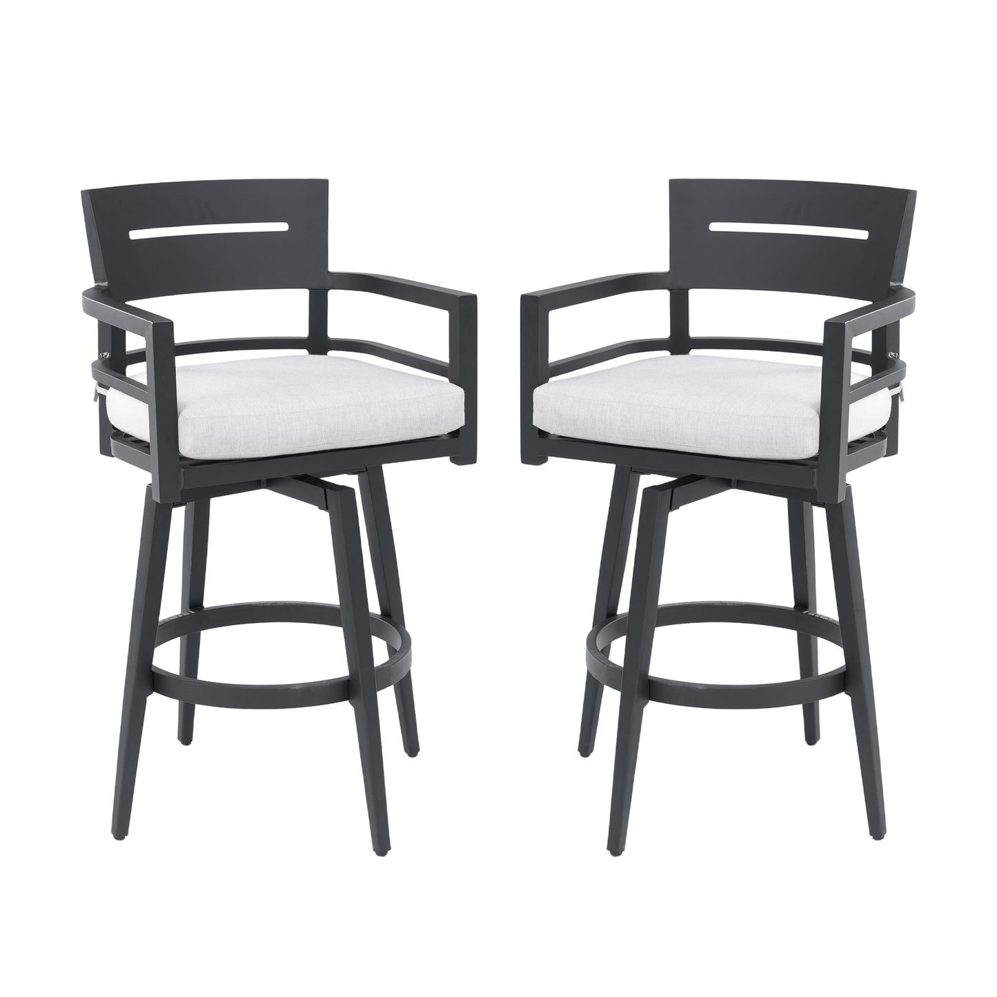 Modern Outdoor Swivel Bar Chairs Set of 2, 360 Degree Rotation, Aluminum Frame in Ember Black, with Ergonomic Backrest, Armrests & Sunbrella Cushions, Weather-Resistant