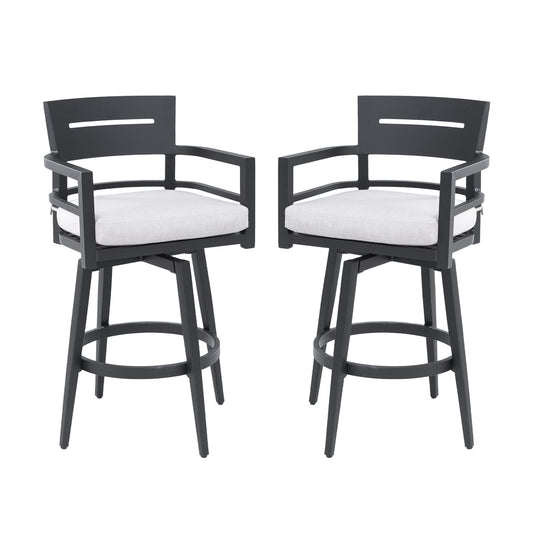 Modern Outdoor Swivel Bar Chairs Set of 2, 360 Degree Rotation, Aluminum Frame in Ember Black, with Ergonomic Backrest, Armrests & Sunbrella Cushions, Weather-Resistant