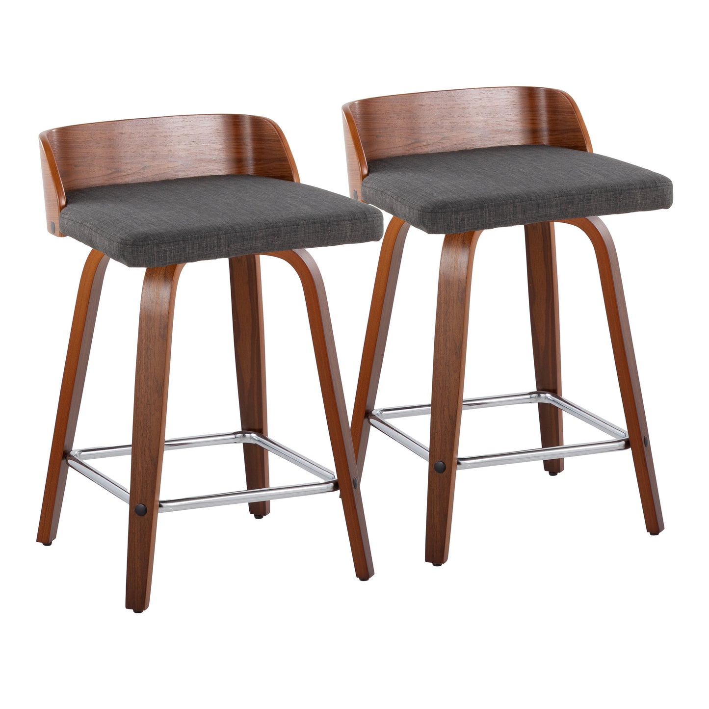 Maya 24" Mid-Century Modern Fixed-Height Counter Stool with Swivel in Walnut Wood and Charcoal Fabric with Square Chrome Metal Footrest by LumiSource - Set of 2