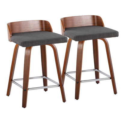 Maya 24" Mid-Century Modern Fixed-Height Counter Stool with Swivel in Walnut Wood and Charcoal Fabric with Square Chrome Metal Footrest by LumiSource - Set of 2