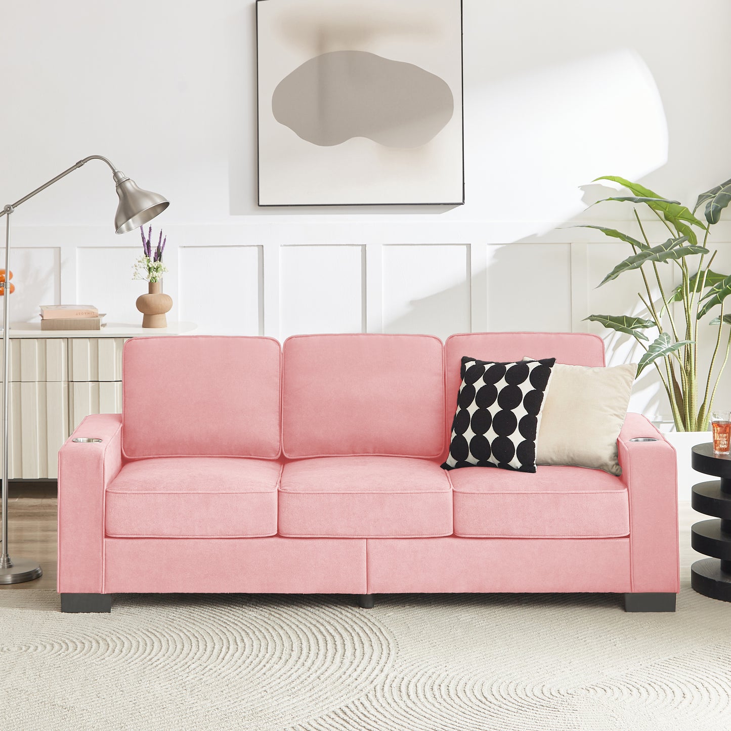 83.86"Snowfleece Fabric sofa,Modern Compressed Couch,3-Seater Sofa, Furniture for Living Room,Bedroom,office ,Pink