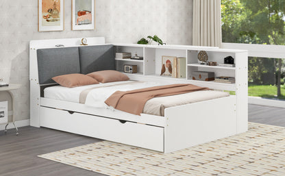 Wood Twin Size platform bed with Trundle, Shelves and Storage Headboard, White