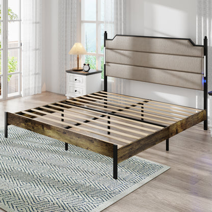 King Size Bed Frame with Upholstered Headboard , Queen Bed Frame with Charging Station and LED Lights, Wood Slats, Easy Assembly,No Box Spring Needed,Industrial Brown