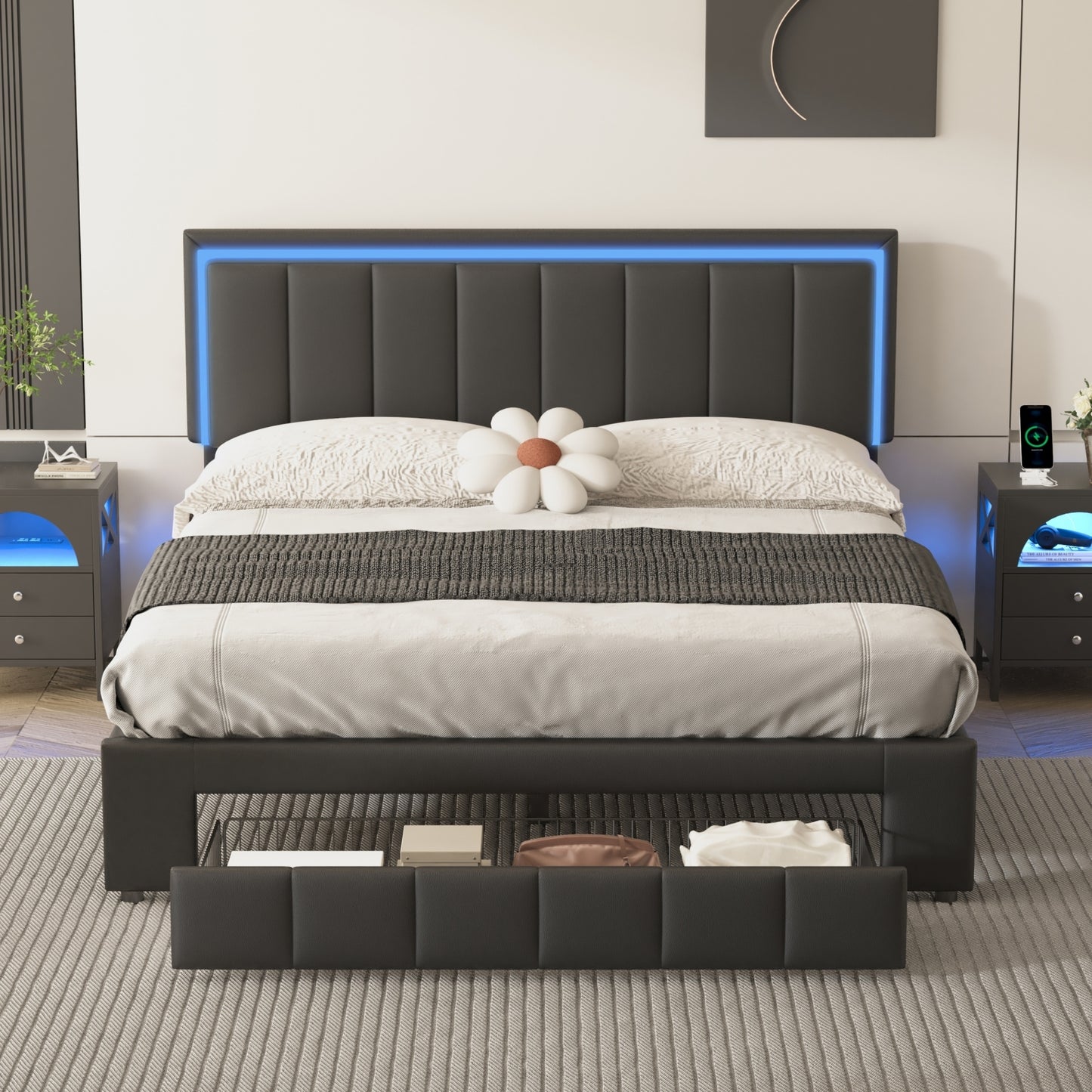 Upholstered Platform Bed with LED Lights and Two Motion Activated Night Lights,Queen Size Storage Bed with Drawer, Black