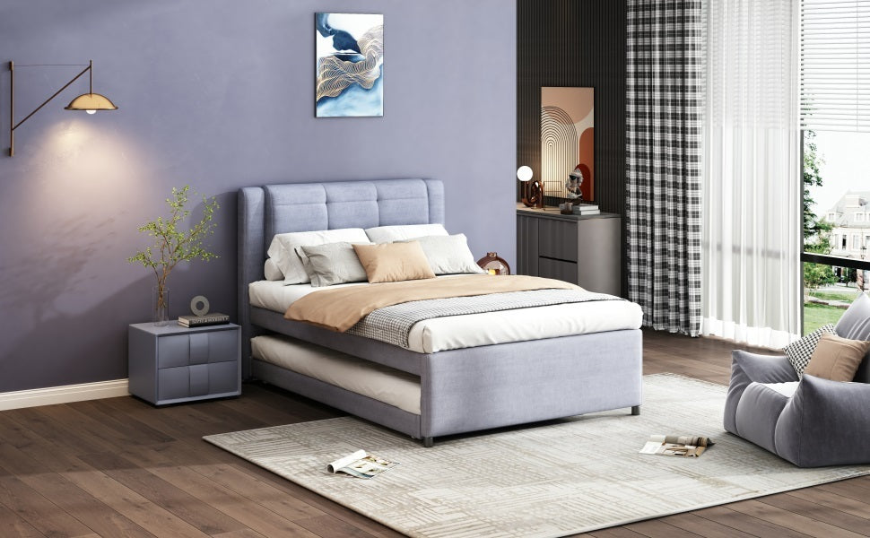 Full Size Upholstery platform bed with Trundle,Trundle can be flat or erected, Gray