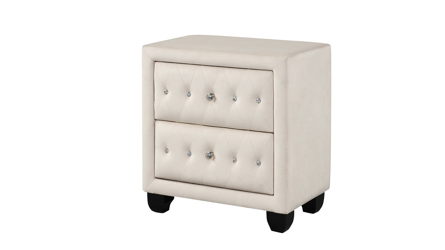 Modern Style Crystal Tufted 2-Drawer Nightstand Upholstered with Velvet Fabric Made with Wood in Cream