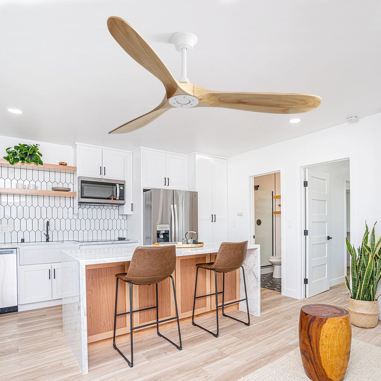 60 Inch Indoor Modern Ceiling Fan With 3 Color Dimmable 6 Speed Remote Control 3 Solid Wood Blade For Living Room