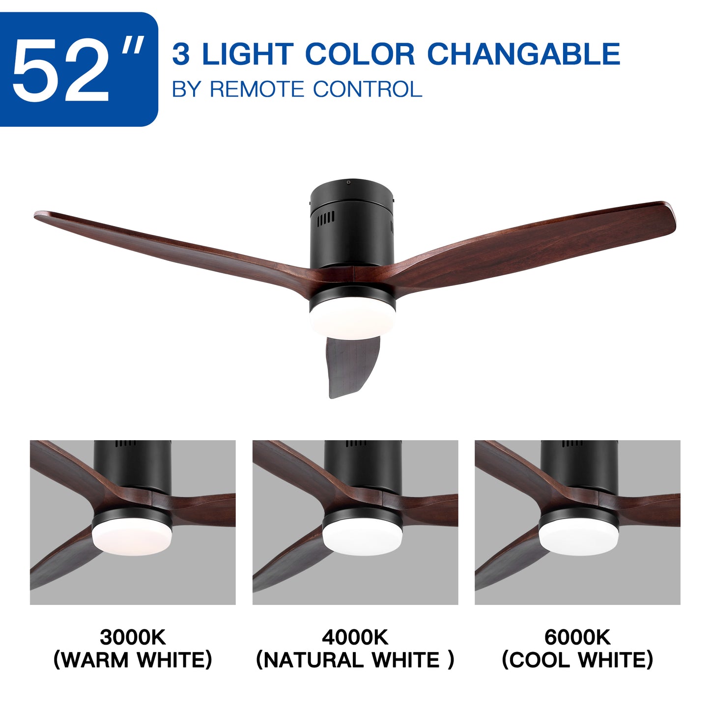 52 In.Intergrated LED Low Profile Ceiling Fan Lighting with Brown Solid Wood Blade