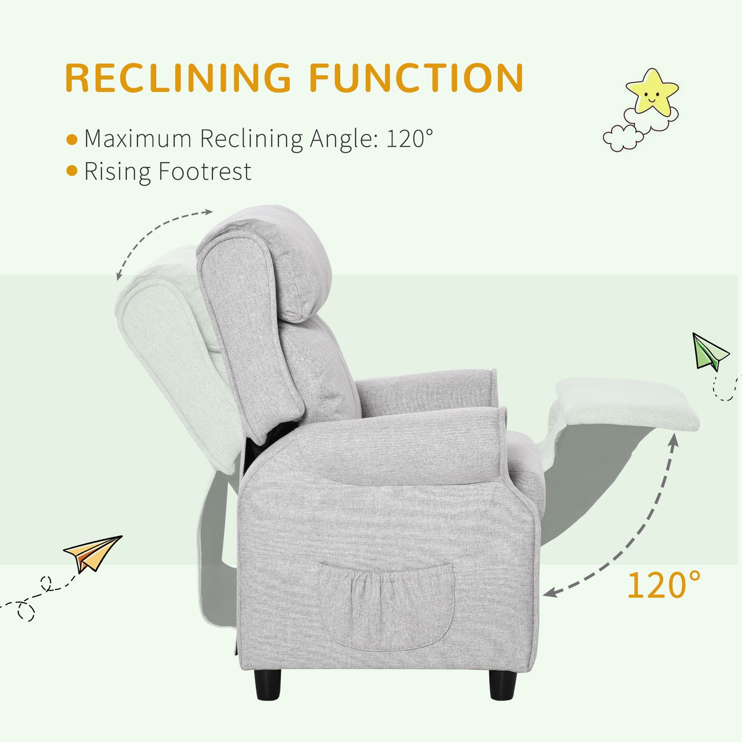 Qaba Kids Recliner Chair Children Sofa Angle Adjustable Single Lounger Armchair Gaming Chair with Footrest 2 Side Pockets for 3-5 Years, Light Grey