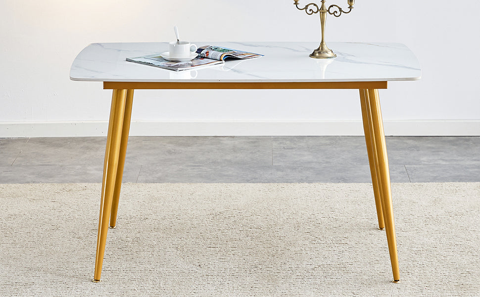 Modern minimalist dining table. White imitation marble patterned stone burning tabletop with golden metal legs. 50 "* 30" * 30 "F-001