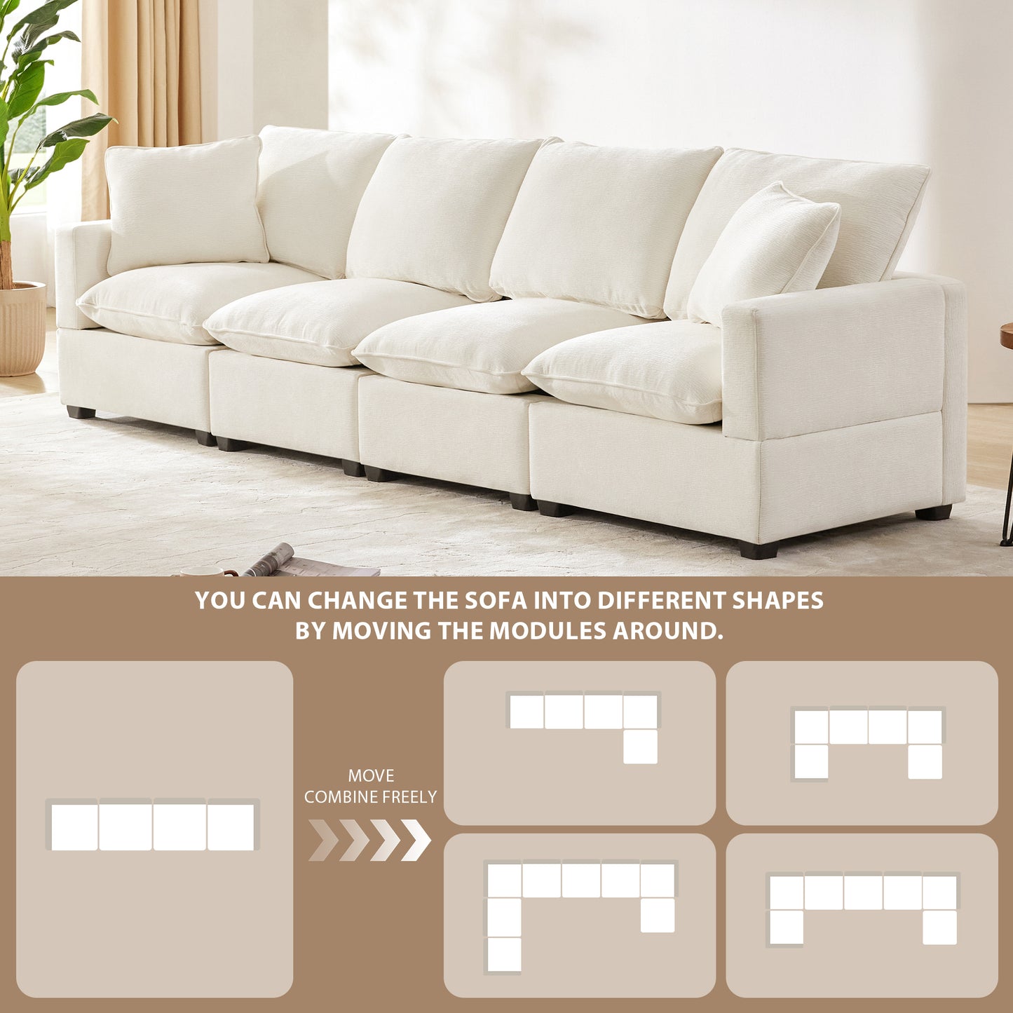 110*29" Modern Modular Sofa, 4 Seat Chenille Sectional Couch Set with 2 Pillows Included, Freely Combinable Indoor Funiture for Living Room, Apartment, Office, 2 Colors