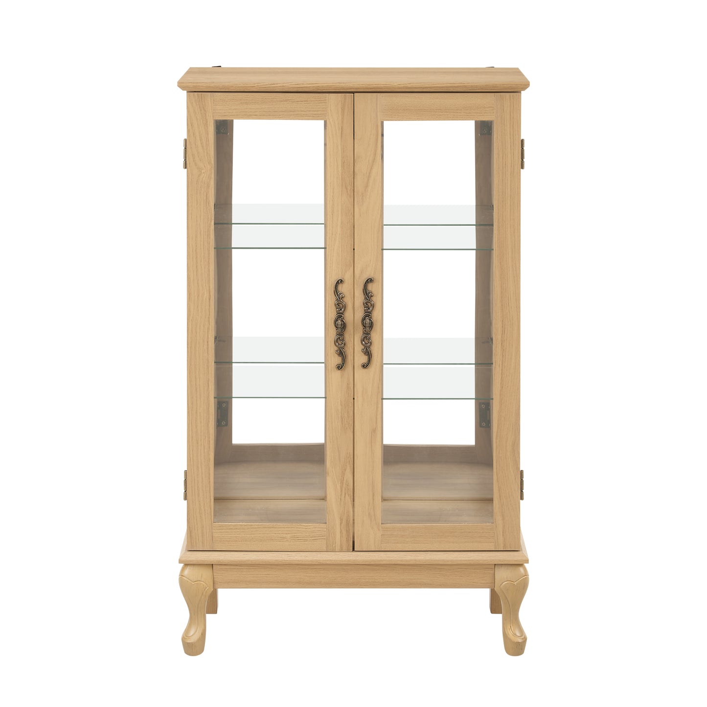 2 Doors Curio Cabinet with Tempered Glass Doors, Curio Cabinets with Mirrored Back Panel and Adjustable Shelves, Lighted Display Cabinet for Home, Office Light Bulb Included OAK