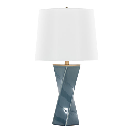 Curvo Square Contemporary 27" Ceramic Table Lamp in Blue Ceramic, Gold Metal, and White Linen by LumiSource