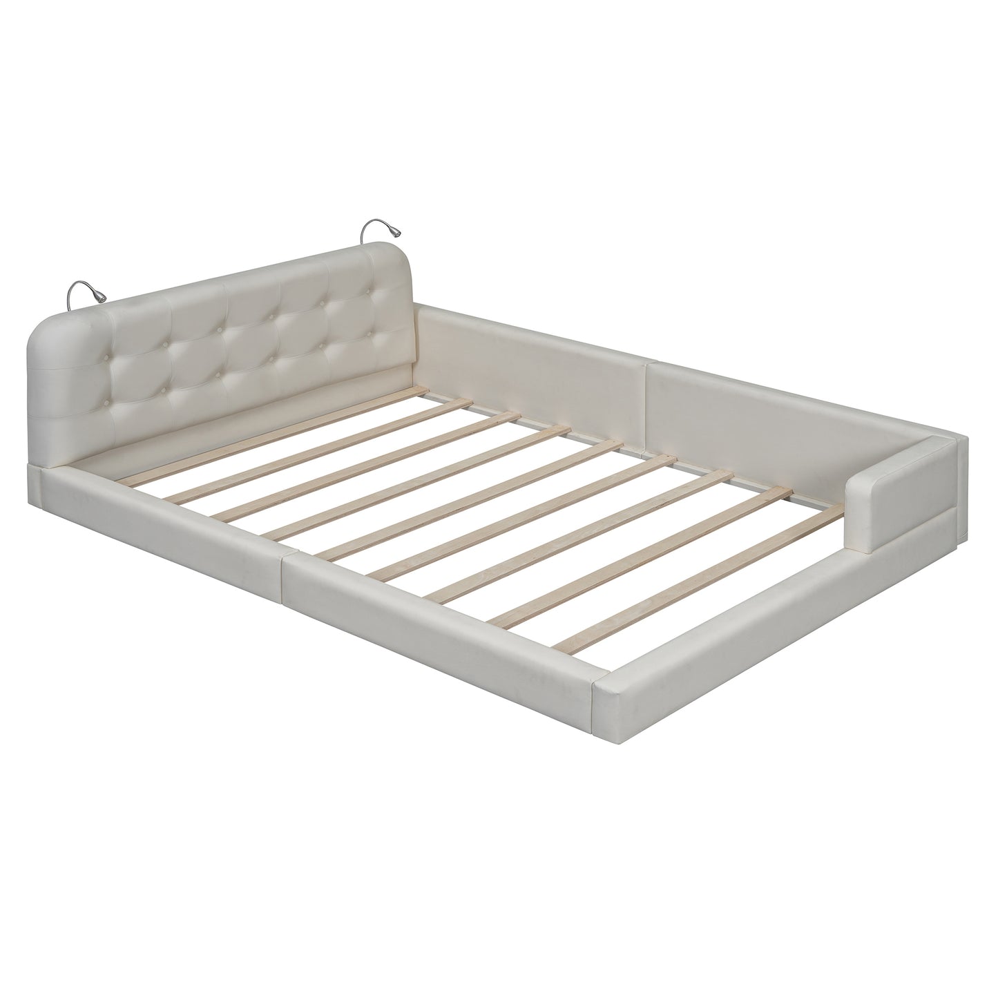 Queen Size Upholstered Platform Bed with 2 Reading Lights, White