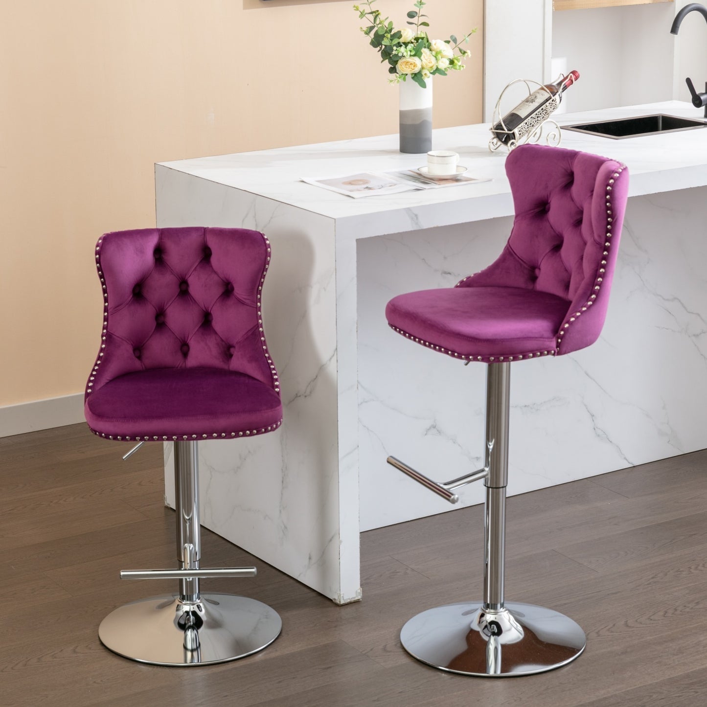 Swivel Velvet Barstools Adjusatble Seat Height from 25-33 Inch, Chrome base Bar Stools with Backs Comfortable Tufted for Home Pub and Kitchen Island, Purple,Set of 2,1712PP