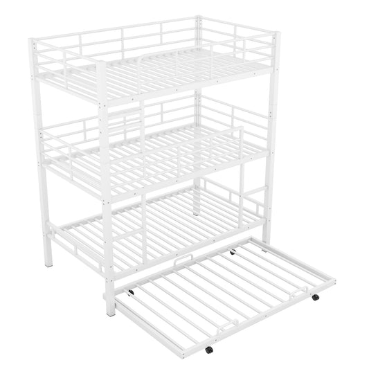 Antique White Metal Twin Size Triple Bunk Bed with Trundle, Heavy Duty Steel Construction