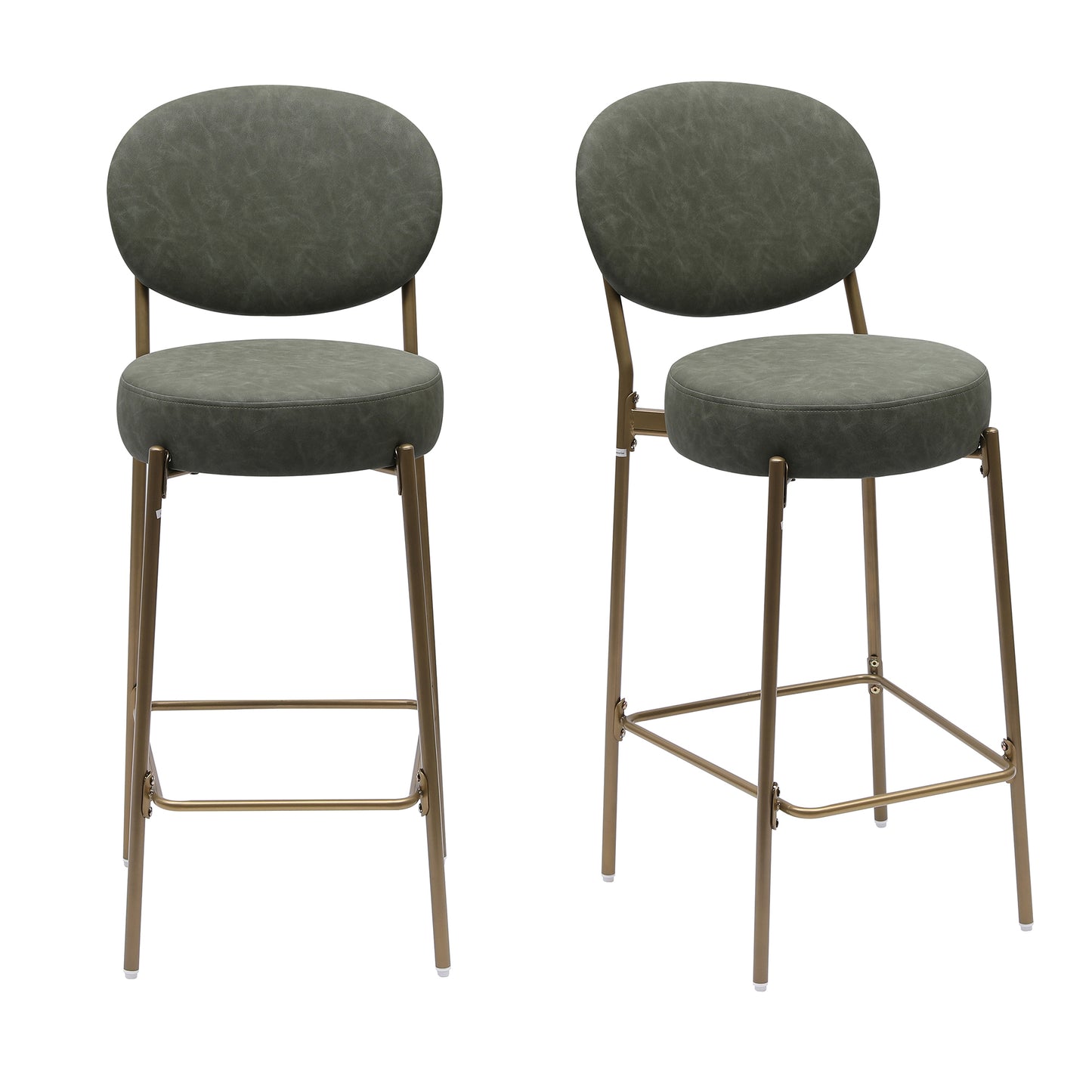 29'' H Seat Height Upholstered Bar Stools Set of 2 Faux Leather Counter Dining Stool with Golden Legs Modern Round Kitchen Chairs (Green)