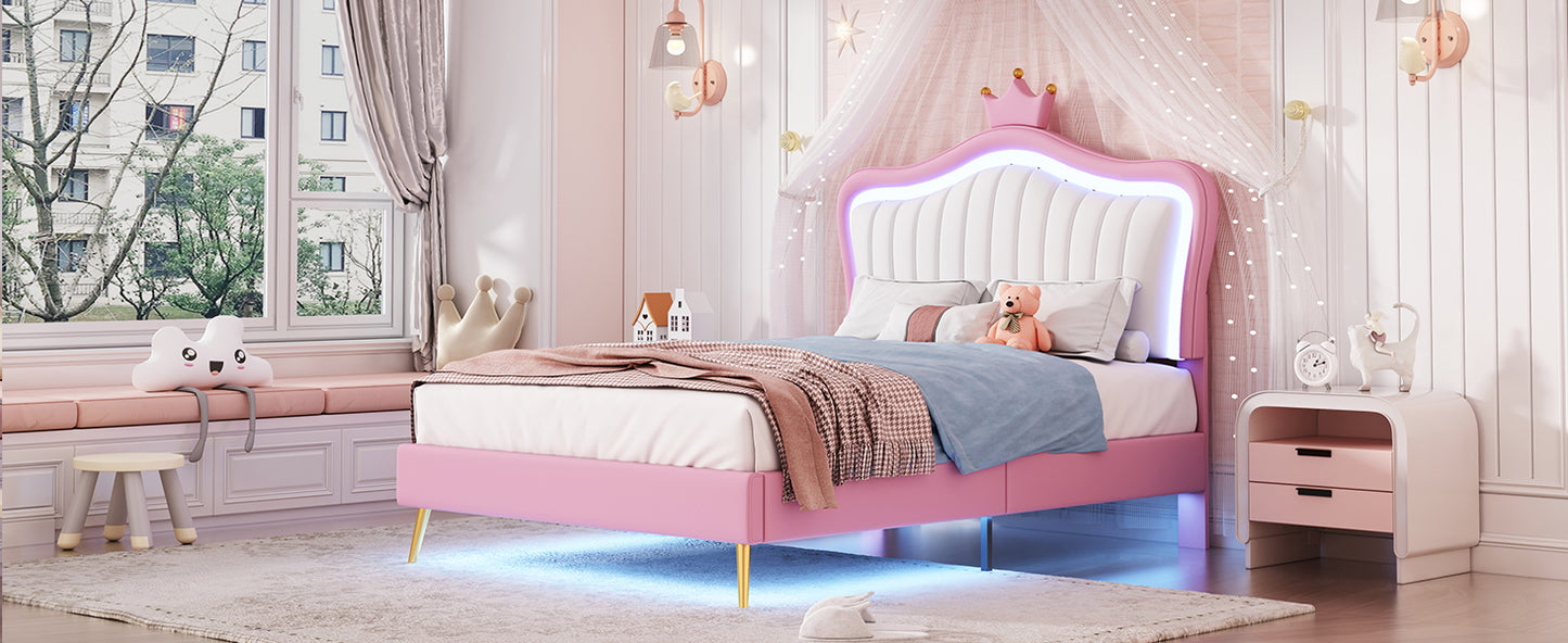 Twin Size Upholstered Bed Frame with LED Lights, Modern Upholstered Princess Bed With Crown Headboard,White+Pink