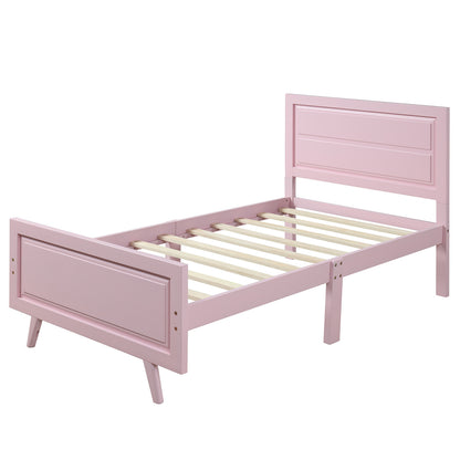 Wood Platform Bed Twin Bed Frame Mattress Foundation with Headboard and Wood Slat Support (Pink)