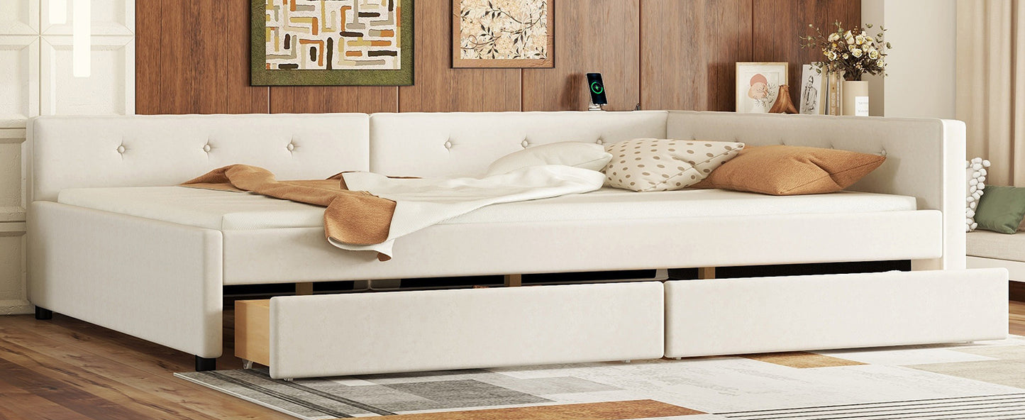 Full Size Upholstered Platform Bed with USB and 2 Drawers, Beige