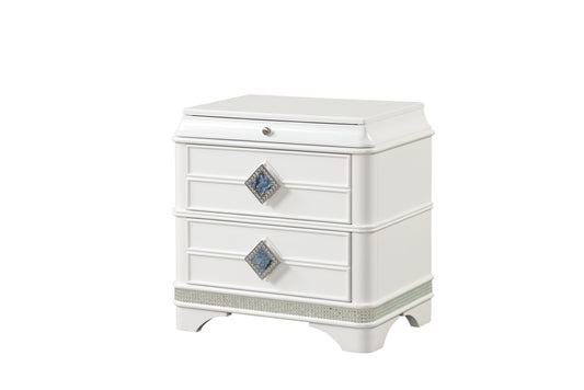 Laguna Modern Style 2-Drawer Night stand Made with Wood, Hidden Jewlry Drawer and Crystal Accents in White