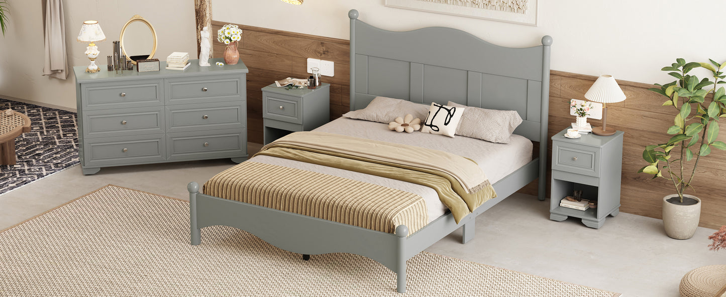 4-Pieces Retro Style Bedroom Sets, Queen Size Platform Bed with Elegant Design, Storage Nightstand and Dresser with Metal Handle, Gray