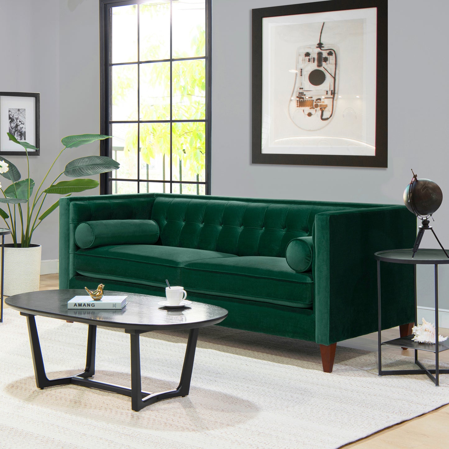 Jack 84" Modern Tuxedo Tufted Sofa, Evergreen Velvet