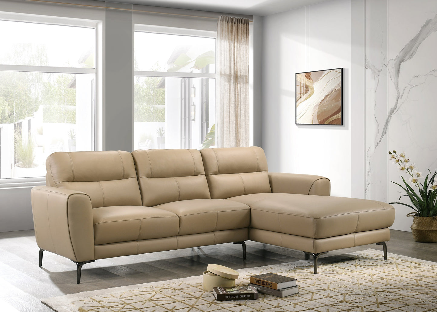 Top Grain Leather Taupe 2pc Sectional Set Right Facing Chaise Left Facing Sofa Living Room Furniture