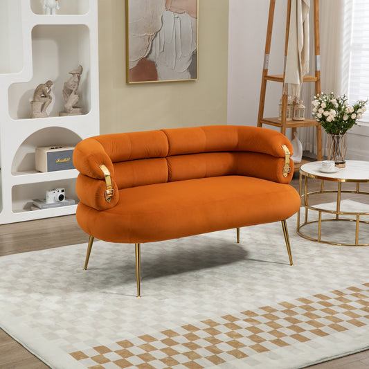 COOLMORE Small Loveseat Sofa, Upholstered Mini Couch with Curved Backrest with Stylish Golden Decor, Small Comfy Love Seat Leisure Accent Couch for Living Room, Bedroom, Office (Orange)