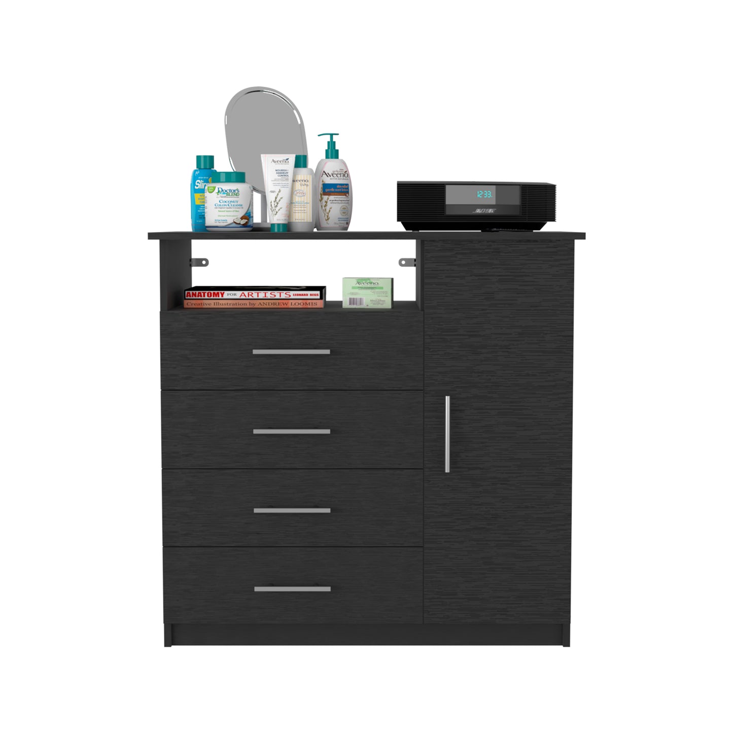 4 Drawer Dresser, One Open Shelf, Superior Top, Single Door Cabinet, Black