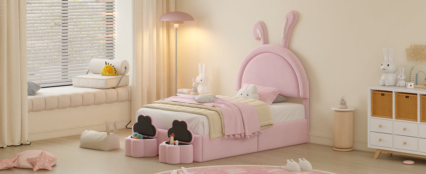 Twin size Upholstered Rabbit-Shape Bed with 2 Storage Stools, Velvet Platform Bed with Cartoon Ears Shaped Headboard, Pink