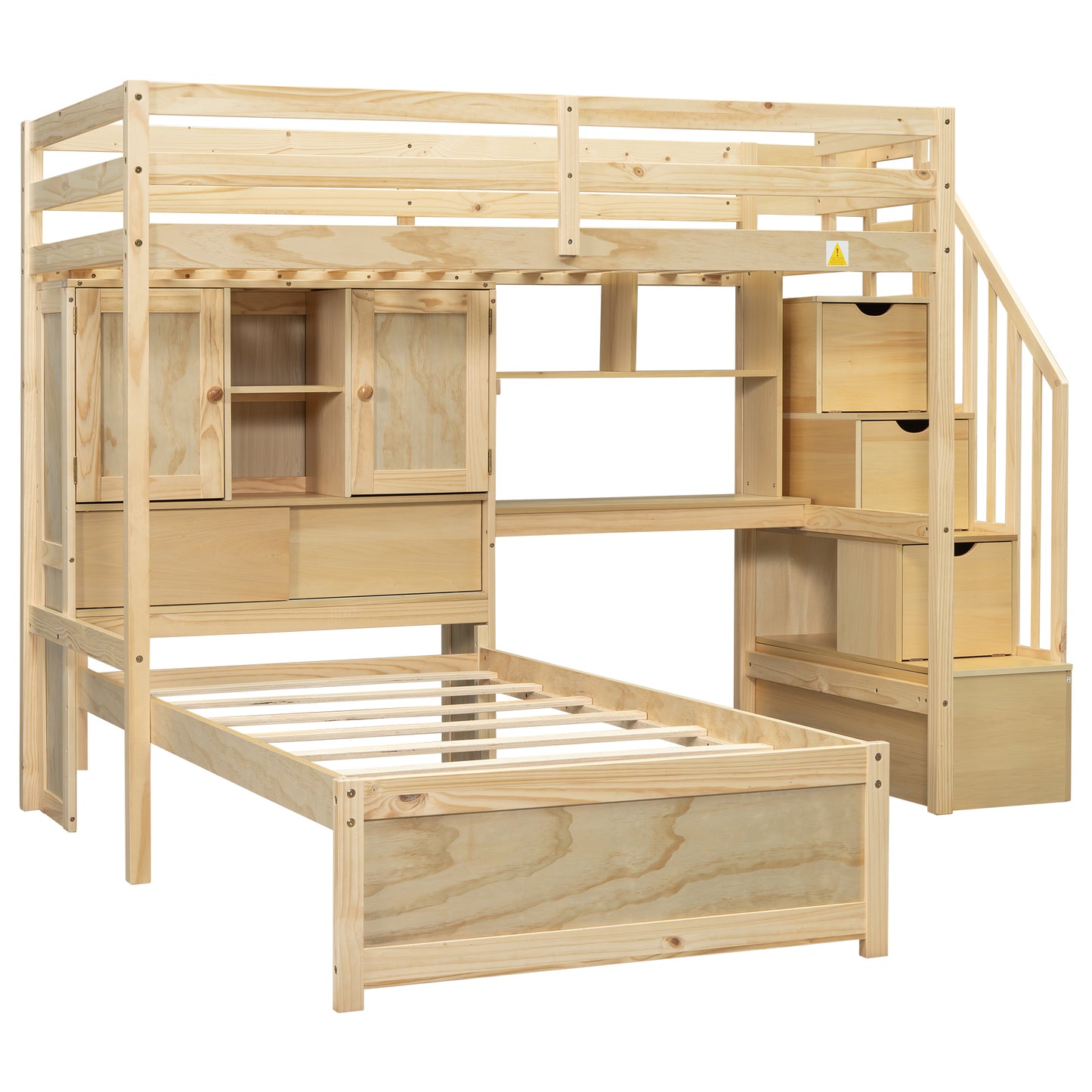 Twin over Twin Loft Bed with Built-in Desk and Staircase in Natural Pine Wood, 94.4''L x 92''W x 67.5''H