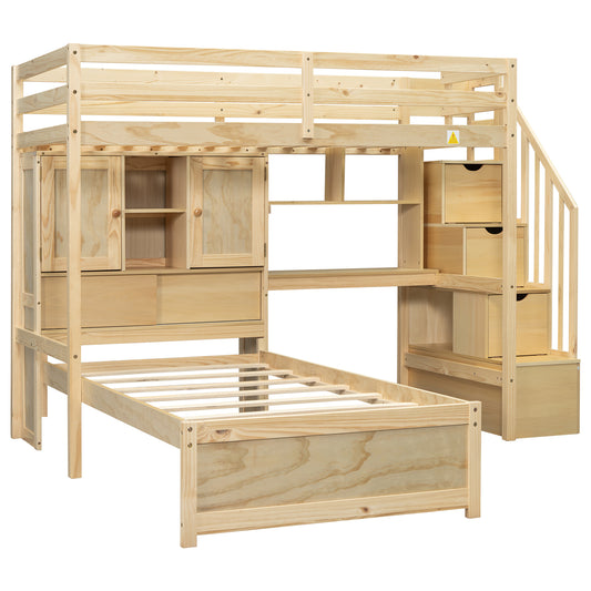 Twin over Twin Loft Bed with Built-in Desk and Staircase in Natural Pine Wood, 94.4''L x 92''W x 67.5''H