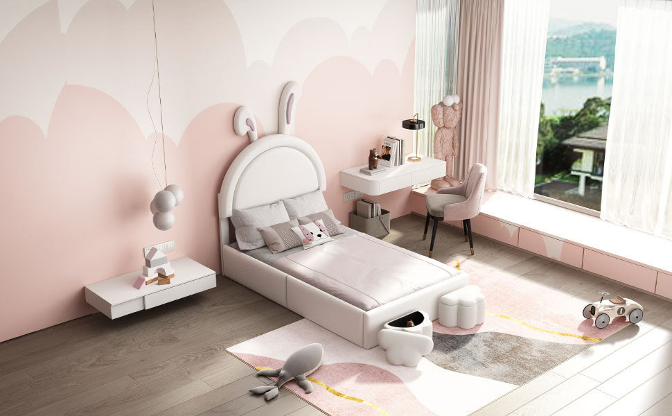 Twin size Upholstered Rabbit-Shape Bed with 2 Storage Stools, Velvet Platform Bed with Cartoon Ears Shaped Headboard, White