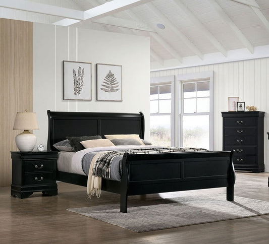 Queen Size Bed Black Louis Phillipe Solidwood 1pc Bed Bedroom Sleigh Bed