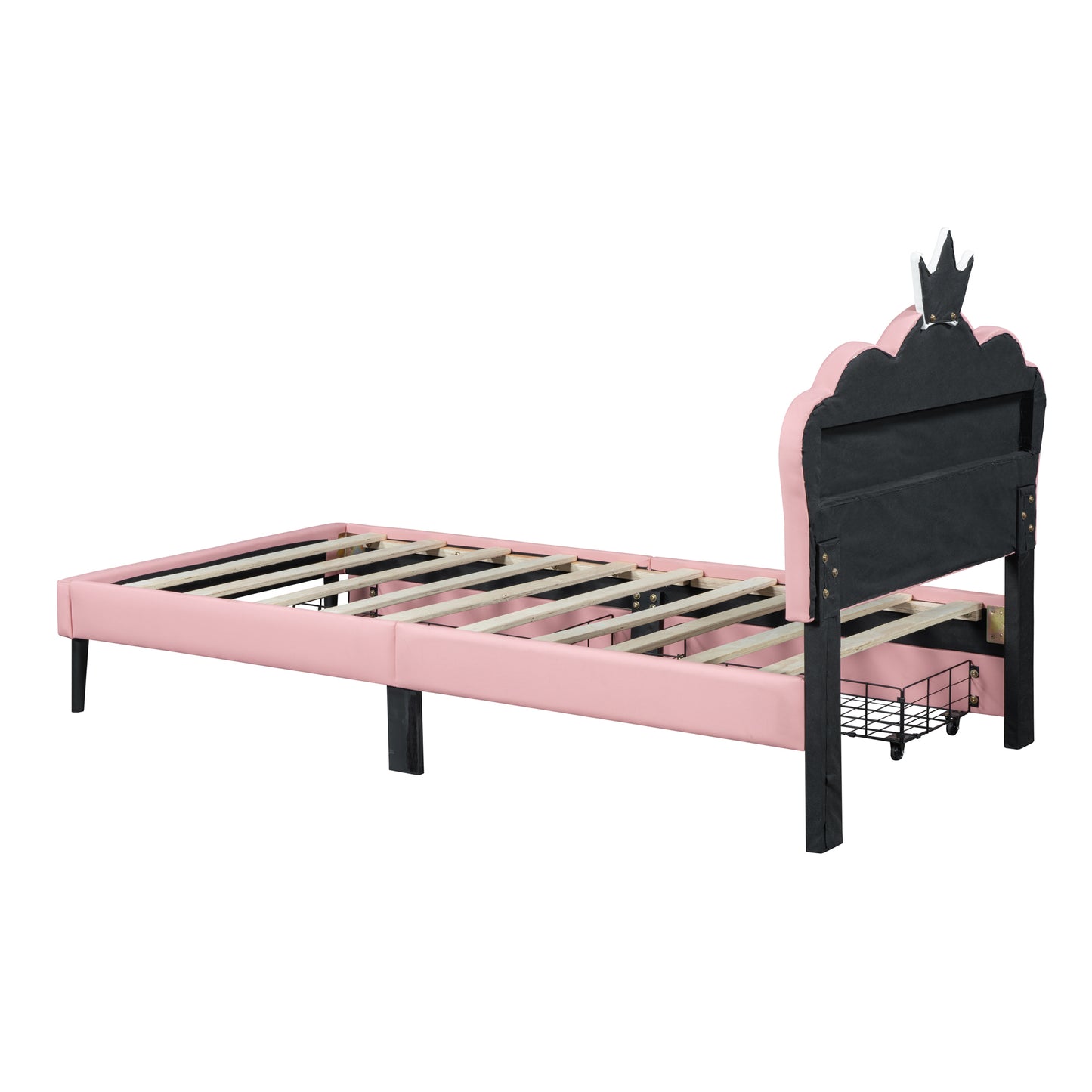 Twin Size Upholstered Princess Bed With Crown Headboard and 2 Drawers,Twin  Size Platform Bed with Headboard and Footboard,White+Pink